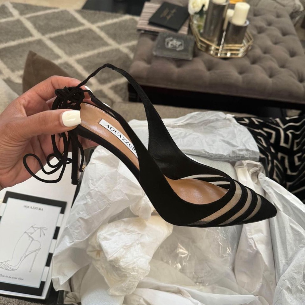 Black Suede Slingback With Ankle Tie. Pointed Toe, Mesh Detail. Sexy Heel:)